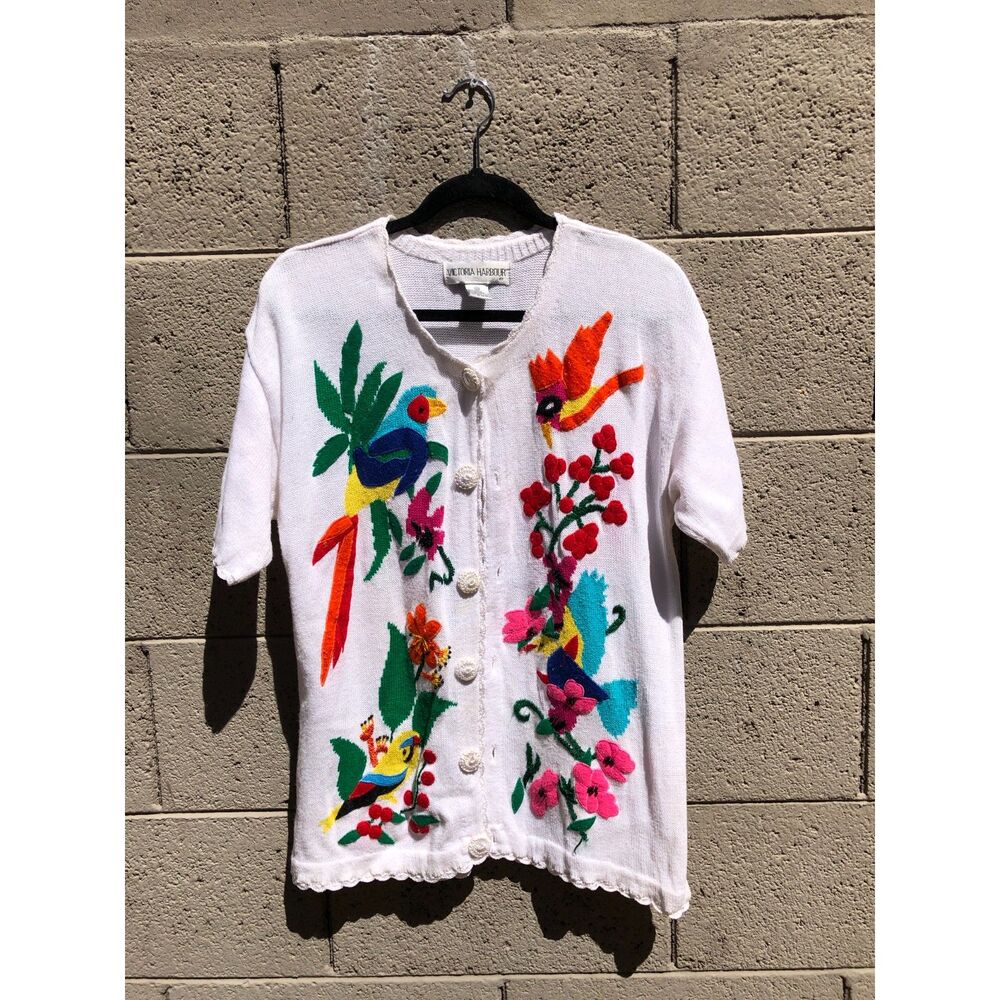 Vtg 90s Victoria Harbour Tropical Bird Embroidered Cardigan Sweater Retro Size M